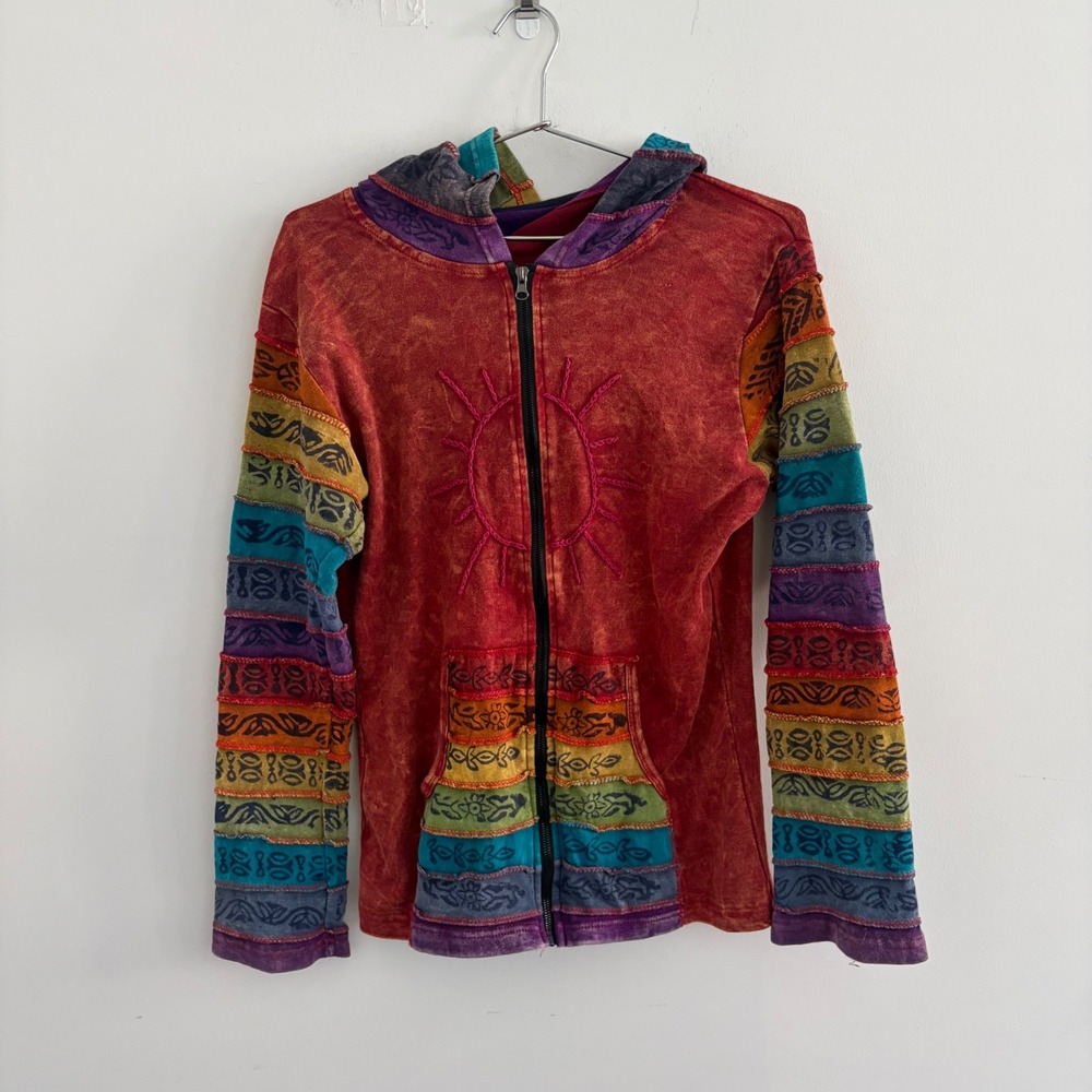Rising International Boho Patchwork Sun Zip Up Hoodie Red Multi